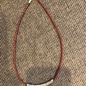 BRIGHTON  Braided Red Leather Stamped Floral Design Metal Necklace & bracelet